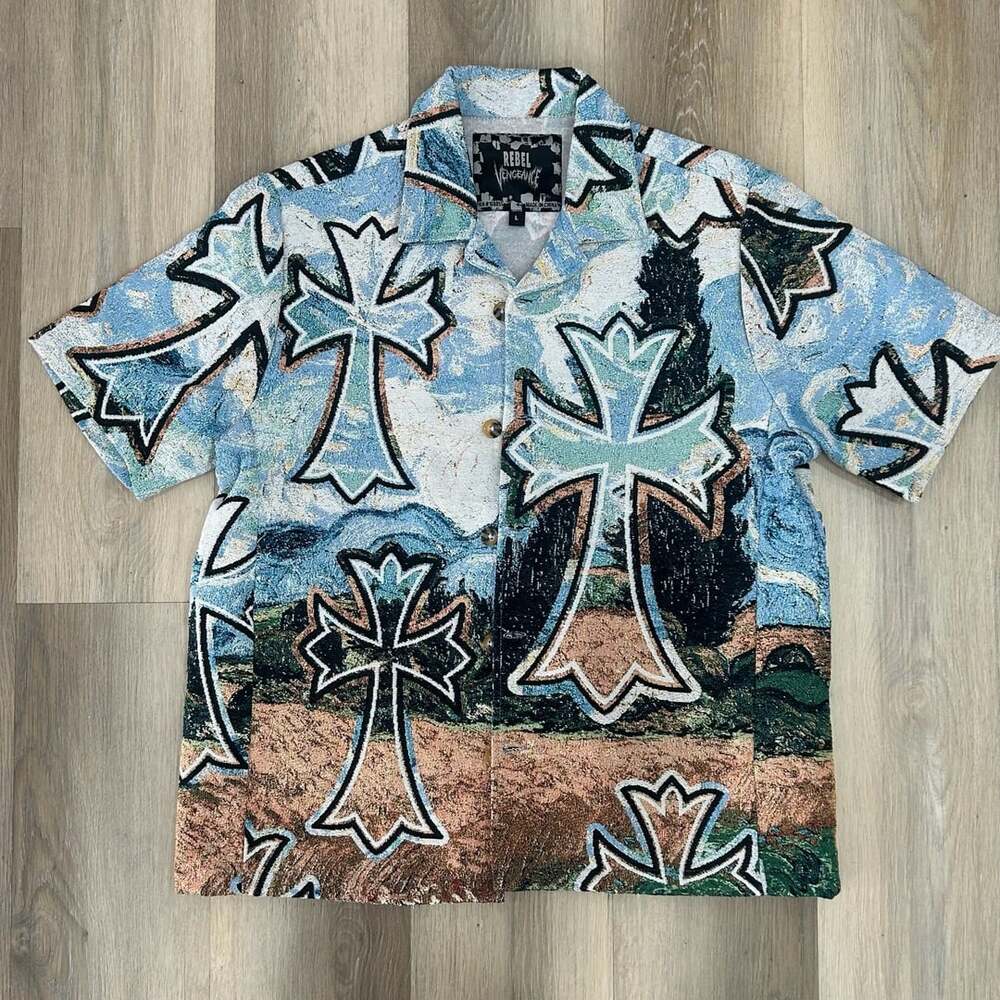 Rebel Vengeance Tapestry Button Up Shirt Size Large Cross Blue Multicolor